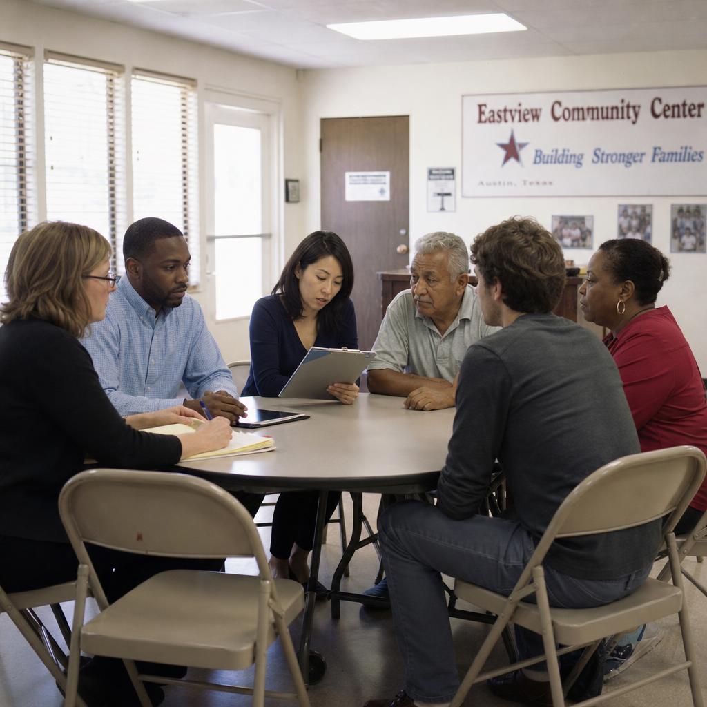 A diverse, multi-generational community team collaborating around a table