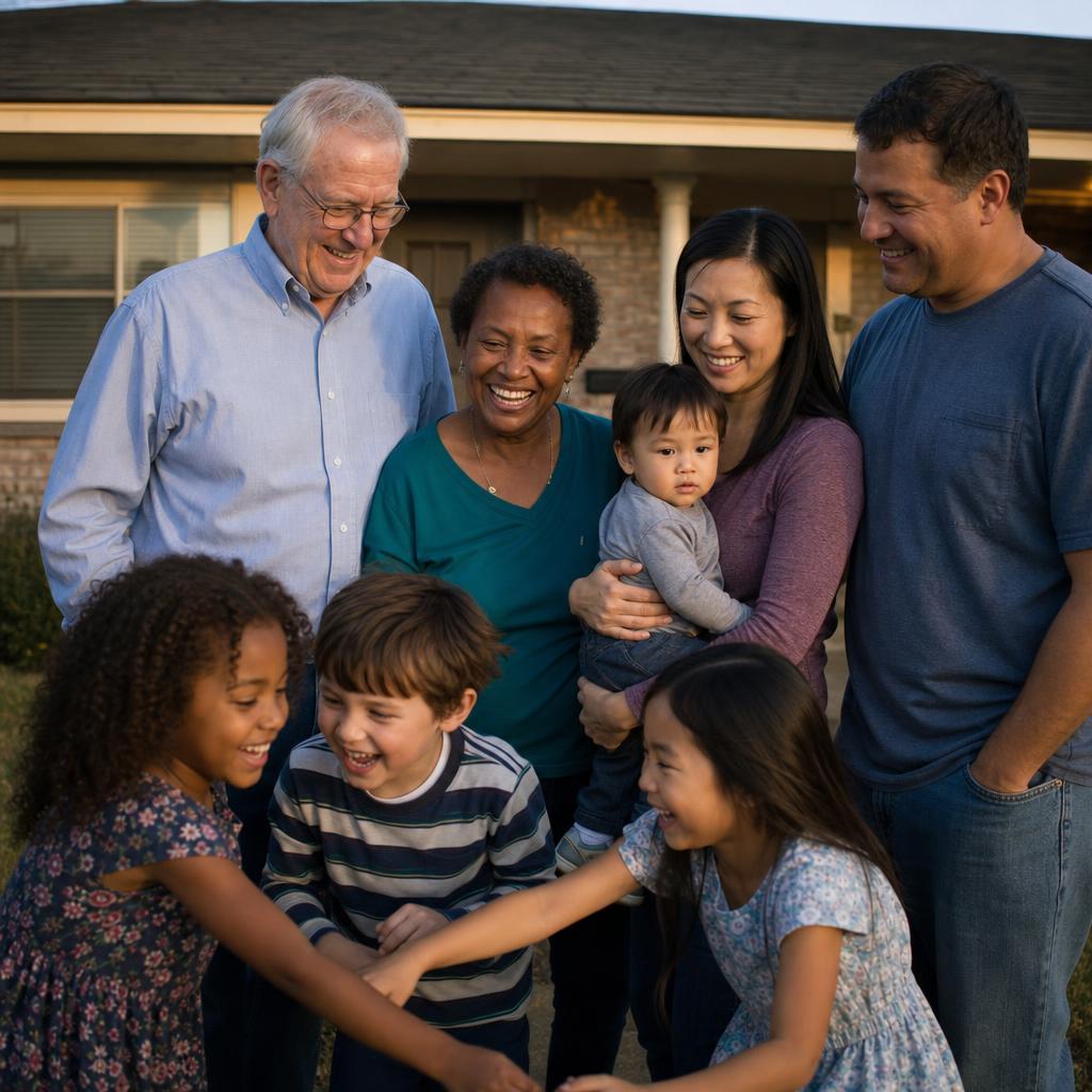 A multi-generational, multi-ethnic Texas family standing together in front of their home