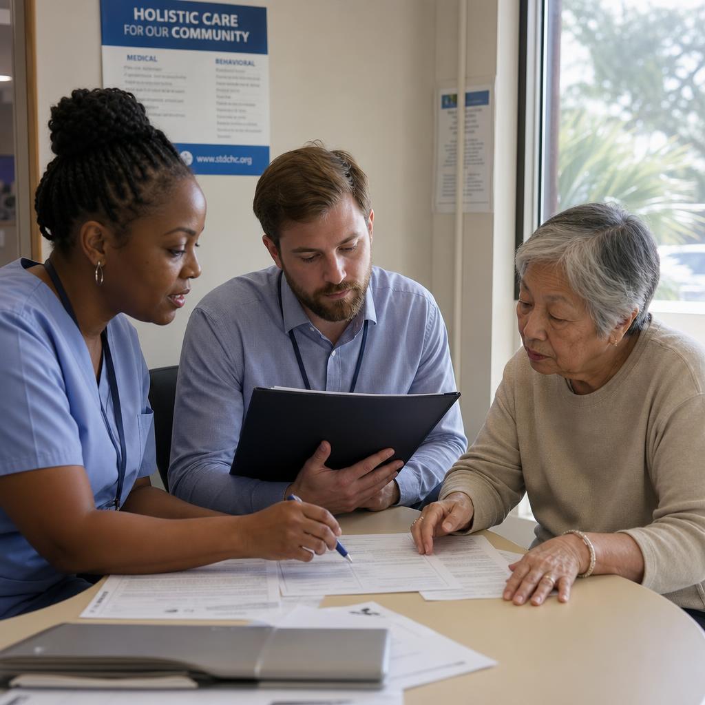 A diverse healthcare worker, case manager, and elderly community member reviewing housing resources together