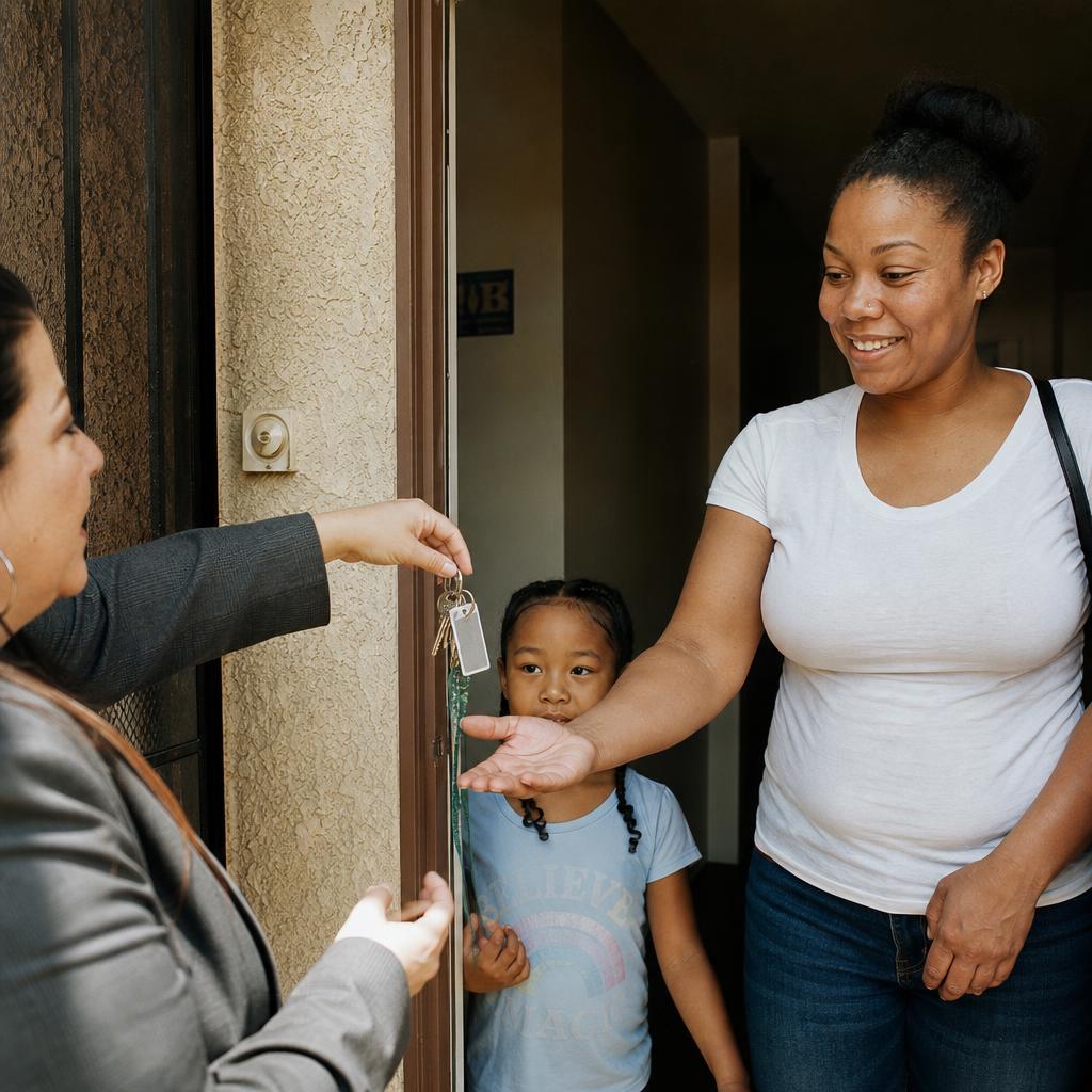 A case manager handing keys to a participant